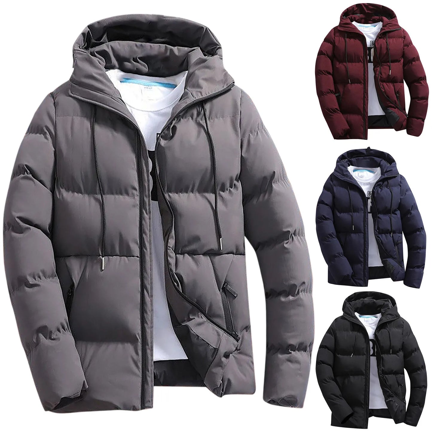 Men's Winter Parkas Versatile Solid Zipper Hooded Loose Wolfeel Quilted Jacket Outdoor Solid Color Warm Puffer Parkas For Men