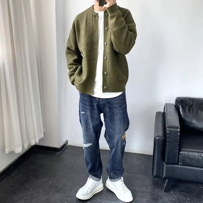 Knitted Cardigan Men Single Breasted Sweaters Long Sleeve O Neck Jumpers Solid Button Loose Fit Casual 2025 Winter Outerwear