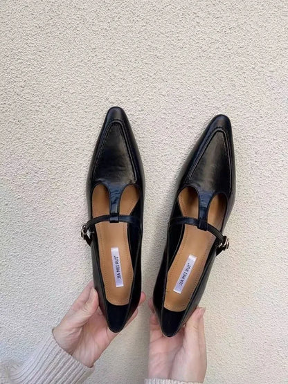 2026 Woman Fashion Pointed Toe Buckle Shoes Apricot Retro Kawaii Solid Female Shoes Flats Casual Shallow Mouth Mary Jane Shoes