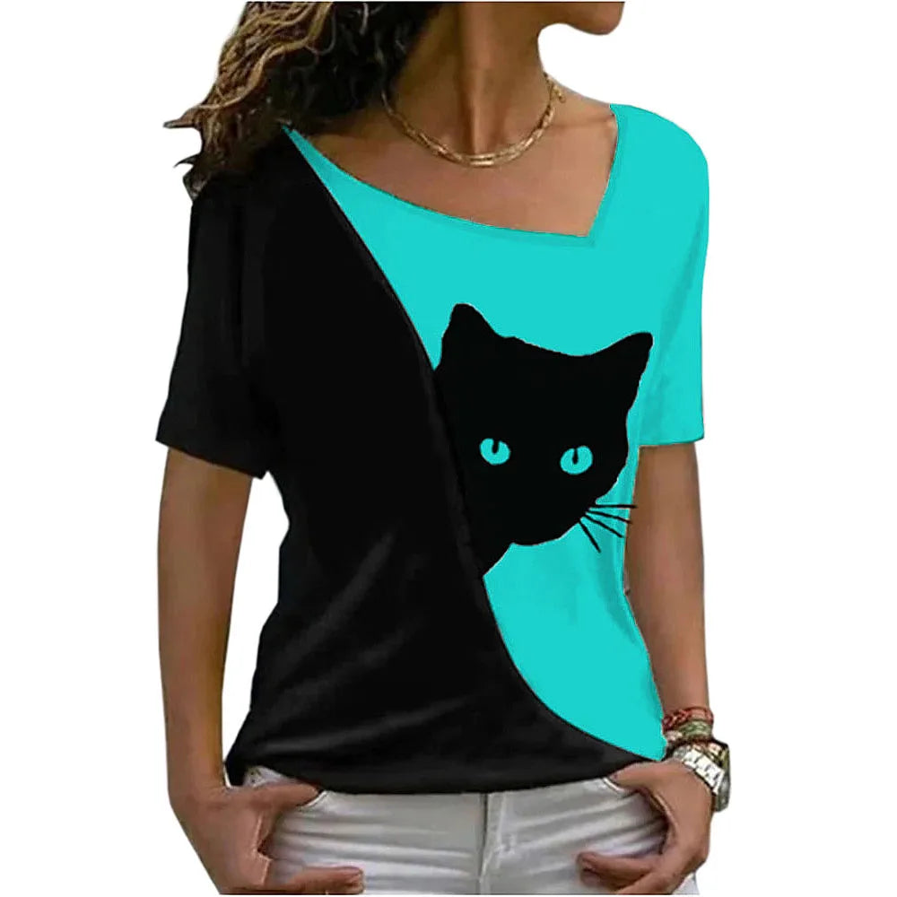 2023 summer women clothes blouse new style inclined collar black cat print short sleeve T-shirt women