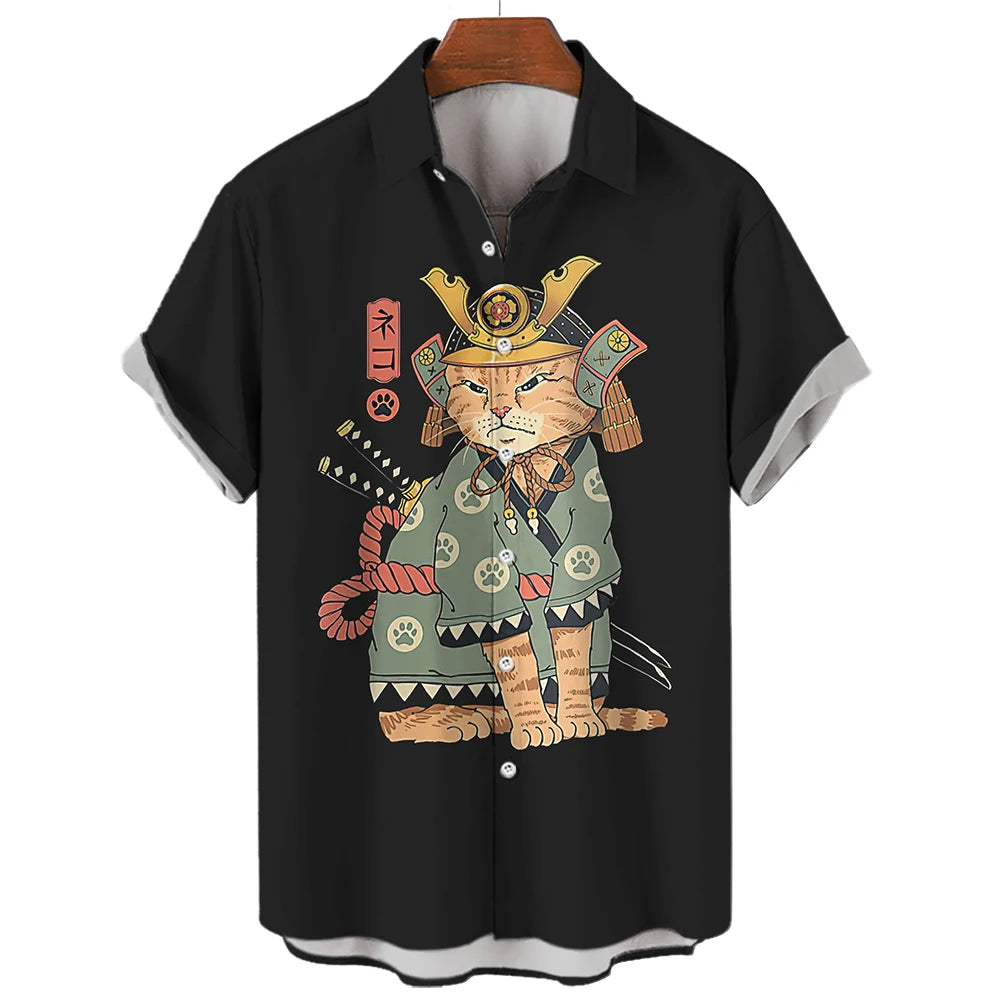 Casual Hawaiian Shirt Man Japanese Bushido 3d Pattern Shirt Men's Shirts Cartoon Animal Cat 3d Printing Men's Shirt Men Clothing
