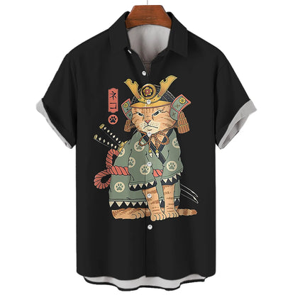 Casual Hawaiian Shirt Man Japanese Bushido 3d Pattern Shirt Men's Shirts Cartoon Animal Cat 3d Printing Men's Shirt Men Clothing