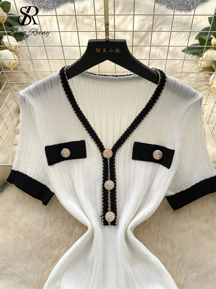 SINGREINY French Vintage Elegant Dress Women V Neck Buttons Elastic Waist Slim Fit Sundress Patchwork Mermaid Bodycon Dress