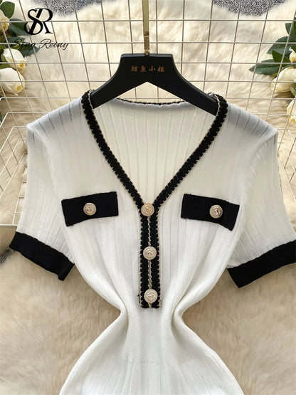 SINGREINY French Vintage Elegant Dress Women V Neck Buttons Elastic Waist Slim Fit Sundress Patchwork Mermaid Bodycon Dress