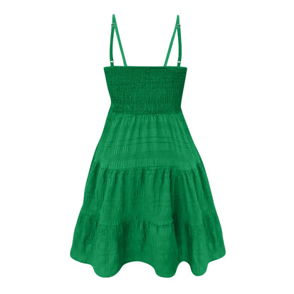 Bohemian Beach Sundress Women Sexy Sleeveless Backless Big Swing Mini Dress Solid Spaghetti Strap Ruffles Dress Summer Vestidos