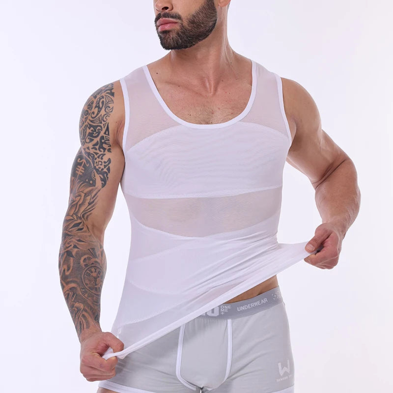 Men's Cross Mesh Vest Compression Shirts Breathable Sleeveless Tank Top Shapewear Fajas Slimming Tummy Control Body Shaper