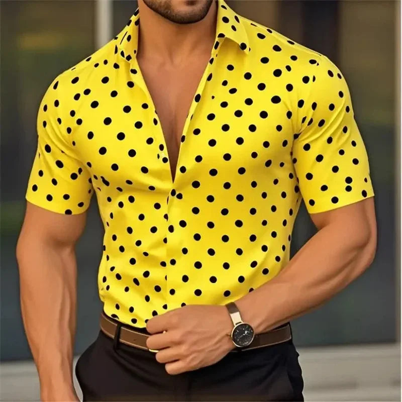 New Men's Short Sleeve Button Shirt Polka Dot Lapel Fashion Design Casual Lightweight Breathable Comfortable Outdoor Men Clothes