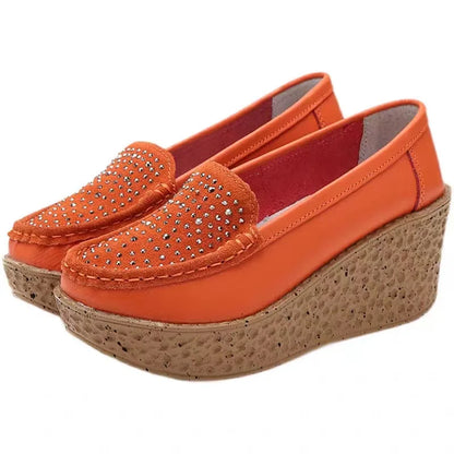 2025 Women Loafers Casual Wedges Shoes Slip on Platform Women's Middle-aged Mom Shoes Pu Leather Solid Moccasins Flats for Women