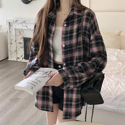 Women Tartan Shirt Long Sleeve Collared Button Up Oversized Plaid Shirt Jacket Grunge Fashion Teenage Girl Spring Summer Outfit