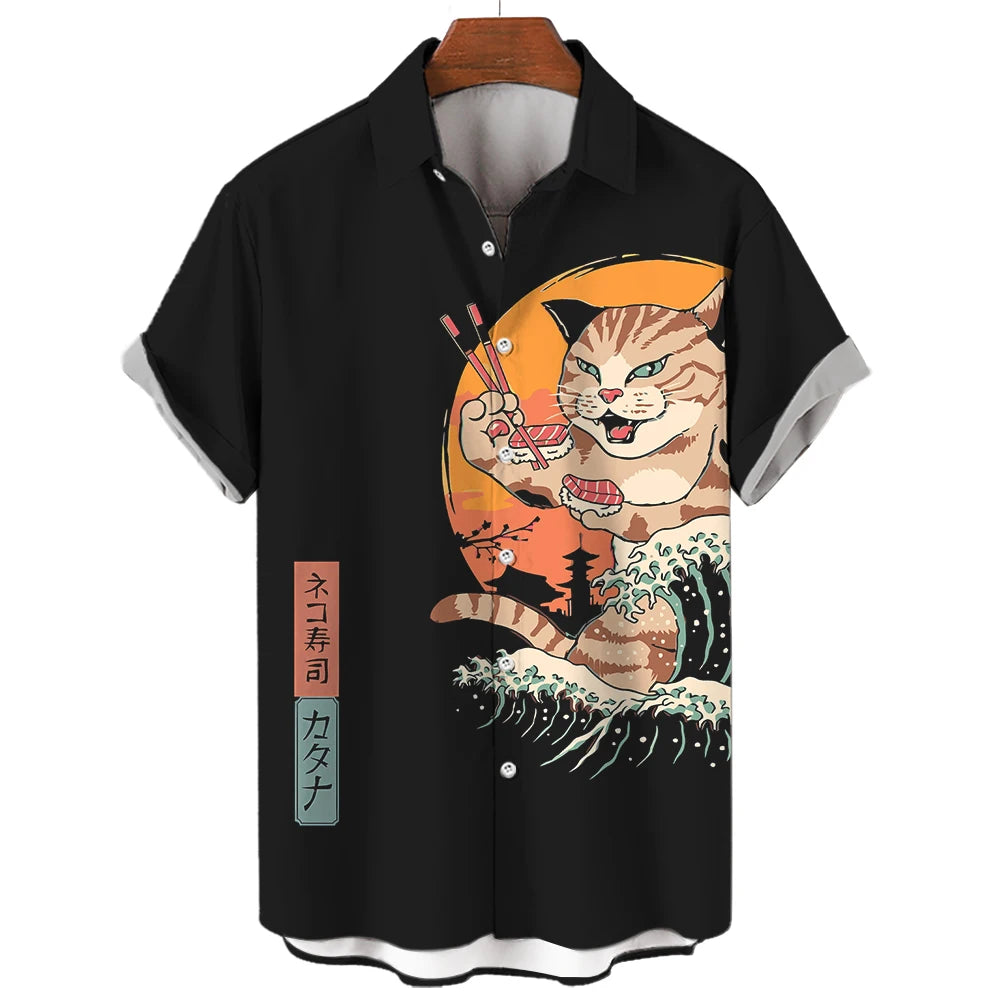 Casual Hawaiian Shirt Man Japanese Bushido 3d Pattern Shirt Men's Shirts Cartoon Animal Cat 3d Printing Men's Shirt Men Clothing