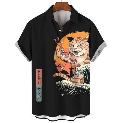 Casual Hawaiian Shirt Man Japanese Bushido 3d Pattern Shirt Men's Shirts Cartoon Animal Cat 3d Printing Men's Shirt Men Clothing