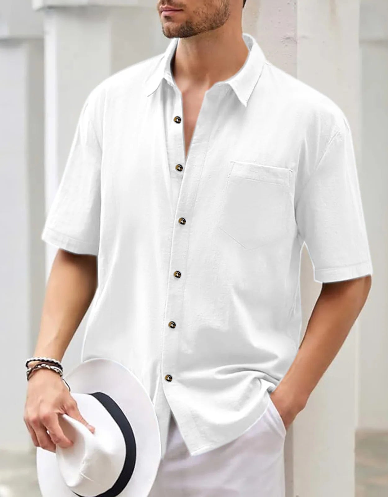 Men's Plus Size Short Sleeve Shirts Cotton Linen Henley Shirts Lightweight Vacation Collar Beach Shirts  Hawaiian T Shirt