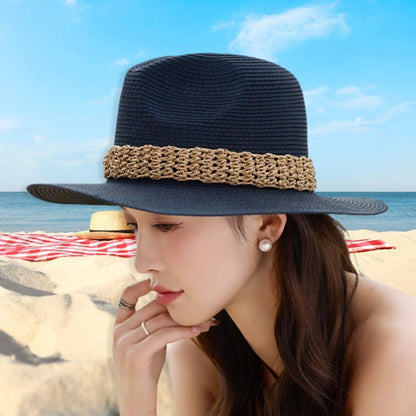 Women Wide Brim Sun Hat with Bowknot Ribbon Summer Beach Straw Hat Foldable Floppy Fedora Hat for Vacation Travel Party Clothes