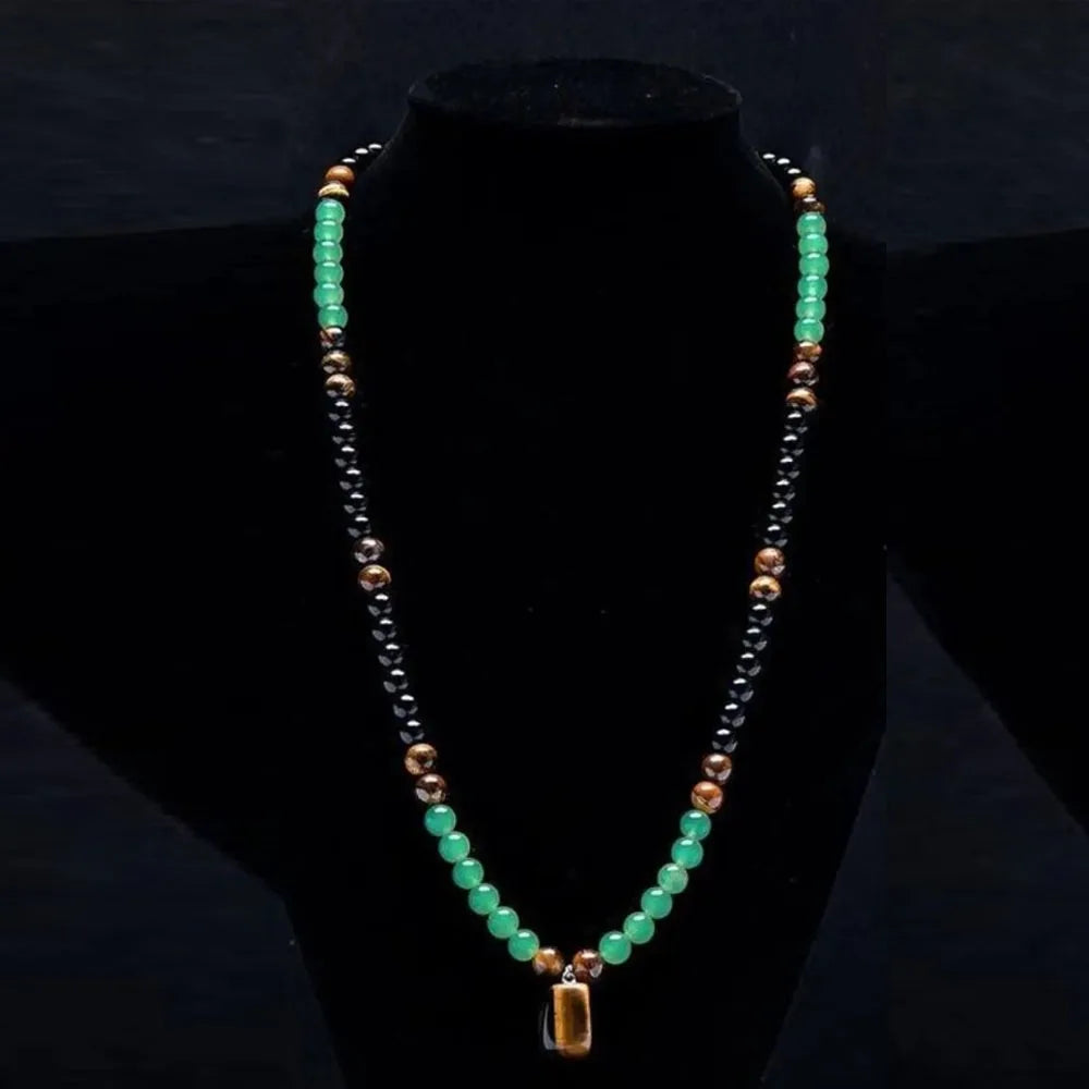 Tiger Eye Long Chain Necklace Bring Good Luck Green Aventurine Beaded Necklace Protection Beaded Long Chain Pendant Necklace