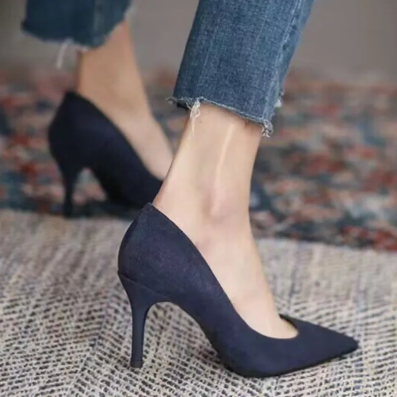 Pointy Suede High Heels Spring New Style Pointy Shallow Mouth Set Foot Anti-slip Wear-resistant Fine Heel Shoes
