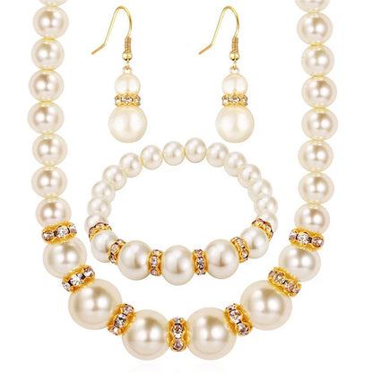 3 in1 Set Elegant Simulated Pearl Necklace Earrings Bracelet Long Necklace For Women Bridal Wedding Jewelry Gift