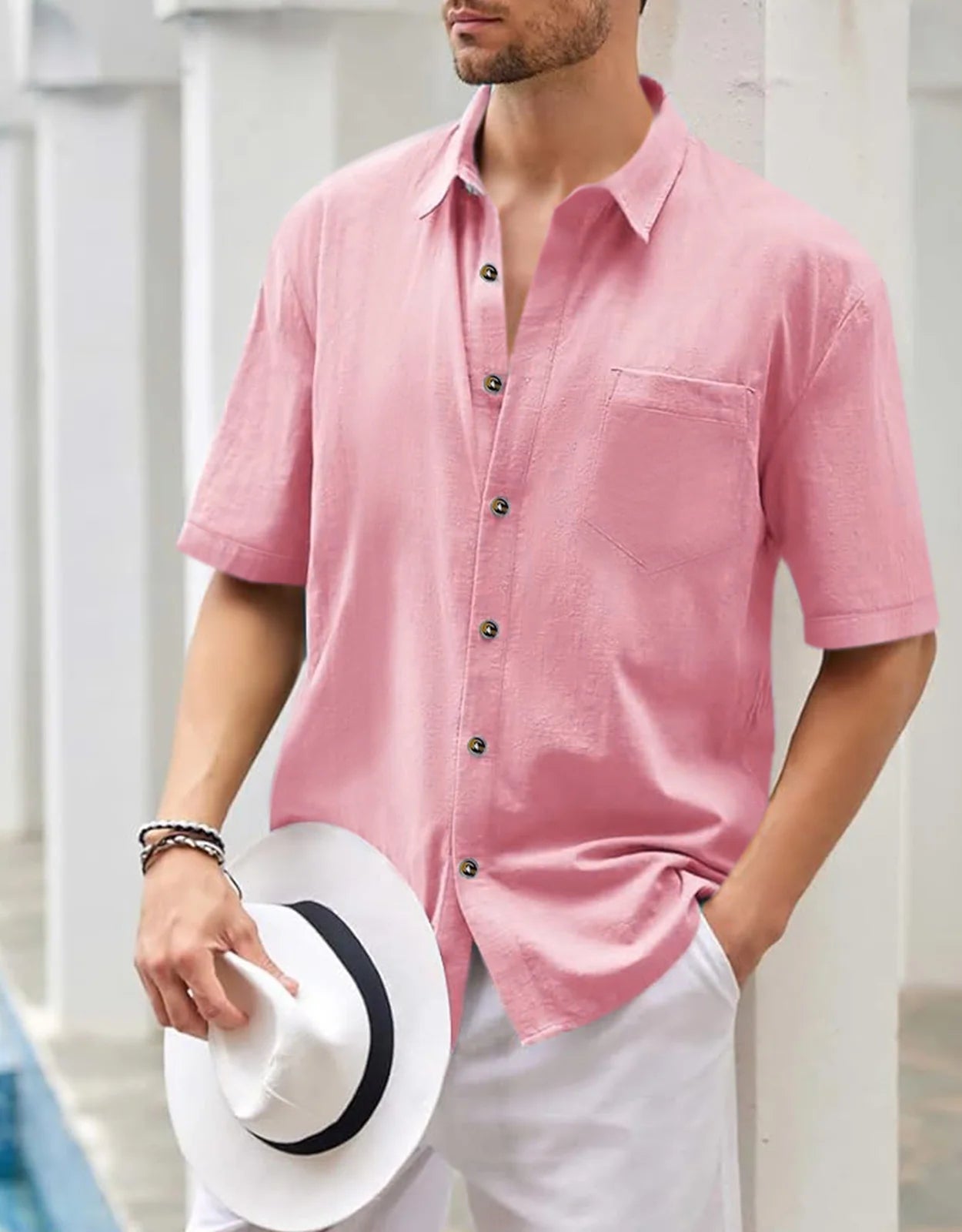 Men's Plus Size Short Sleeve Shirts Cotton Linen Henley Shirts Lightweight Vacation Collar Beach Shirts  Hawaiian T Shirt