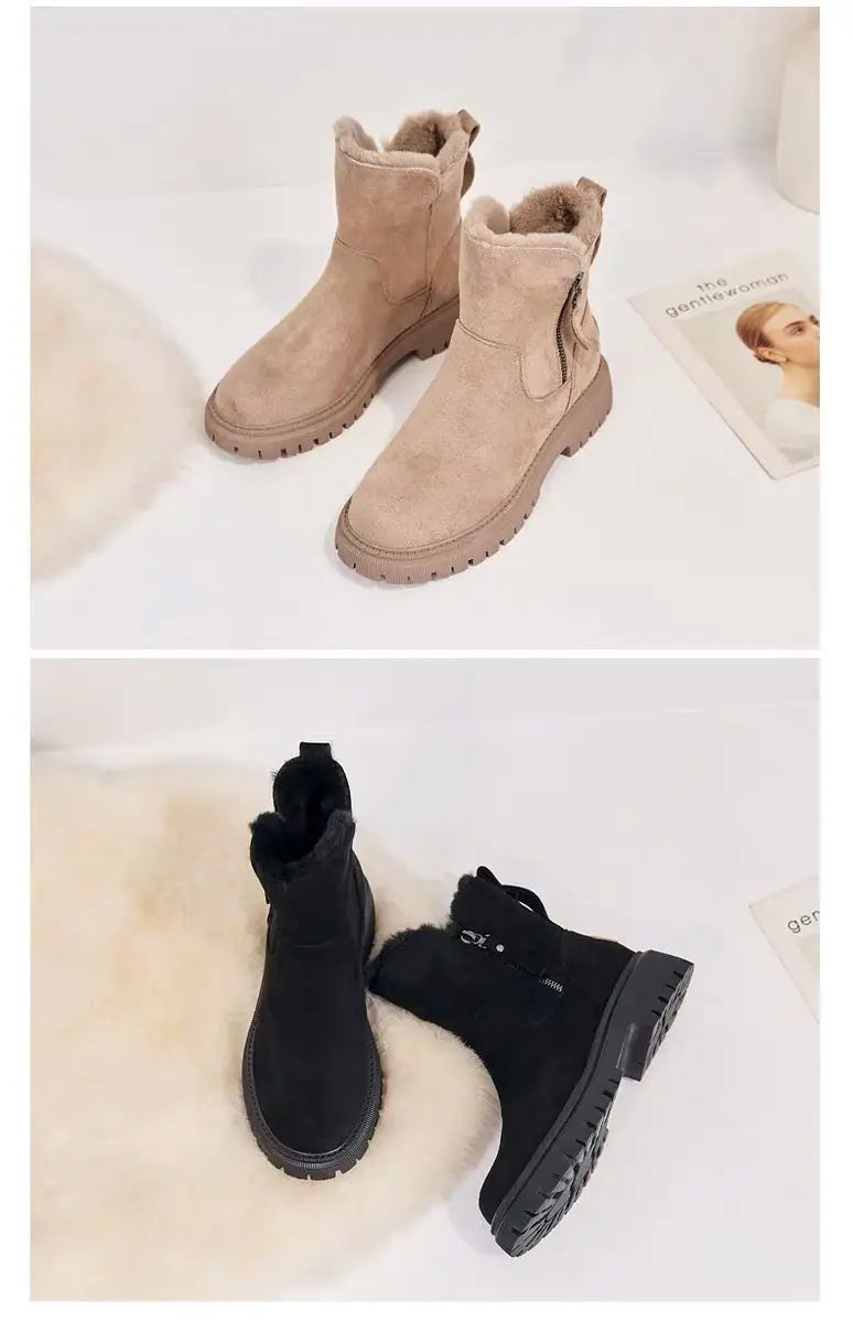 2026 New Winter Women's Snow Boots Trendy Mid Top Plush Thickened Warm Cotton Shoes Leather Wool Integrated Winter Women's Boots