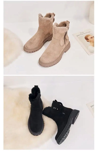 2026 New Winter Women's Snow Boots Trendy Mid Top Plush Thickened Warm Cotton Shoes Leather Wool Integrated Winter Women's Boots