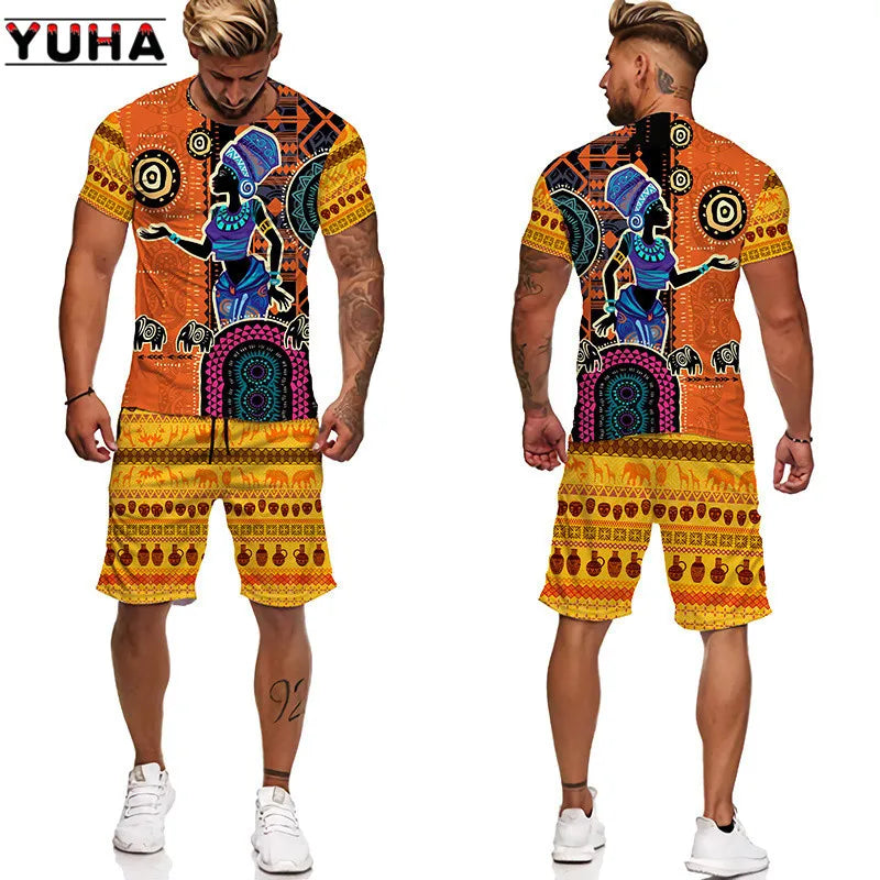 YUHA,3D Printed Men T-shirt Shorts Set 2pc Hip Hop Style Short Sleeve O-neck Summer African Folk-custom Pattern Men's Clothing S