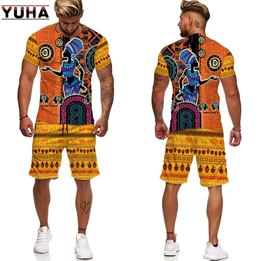 YUHA,3D Printed Men T-shirt Shorts Set 2pc Hip Hop Style Short Sleeve O-neck Summer African Folk-custom Pattern Men's Clothing S