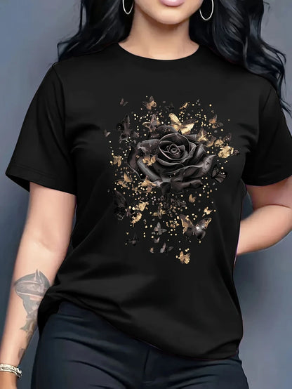 Women's Casual Short-sleeved Round Neck T-shirt - Bright Butterfly and Rose Pattern Print, Spring and Summer Women's T-shirt