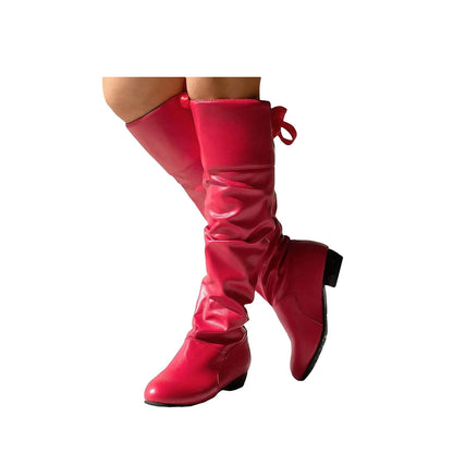 Womens Fashion Leather Shoes Bow Tie Thick Heel Long Boots Socks For Women Knee High Boots British Style 2024 Winter Flat Shoes
