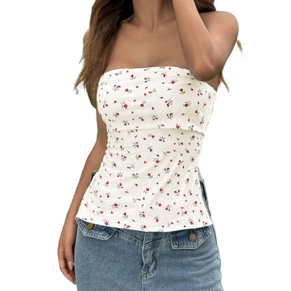 Women s Off Shoulder Ruffle Crop Tops Floral Print Strapless Tube Tops Sleeveless Bandeau Casual Shirts Summer Blouses