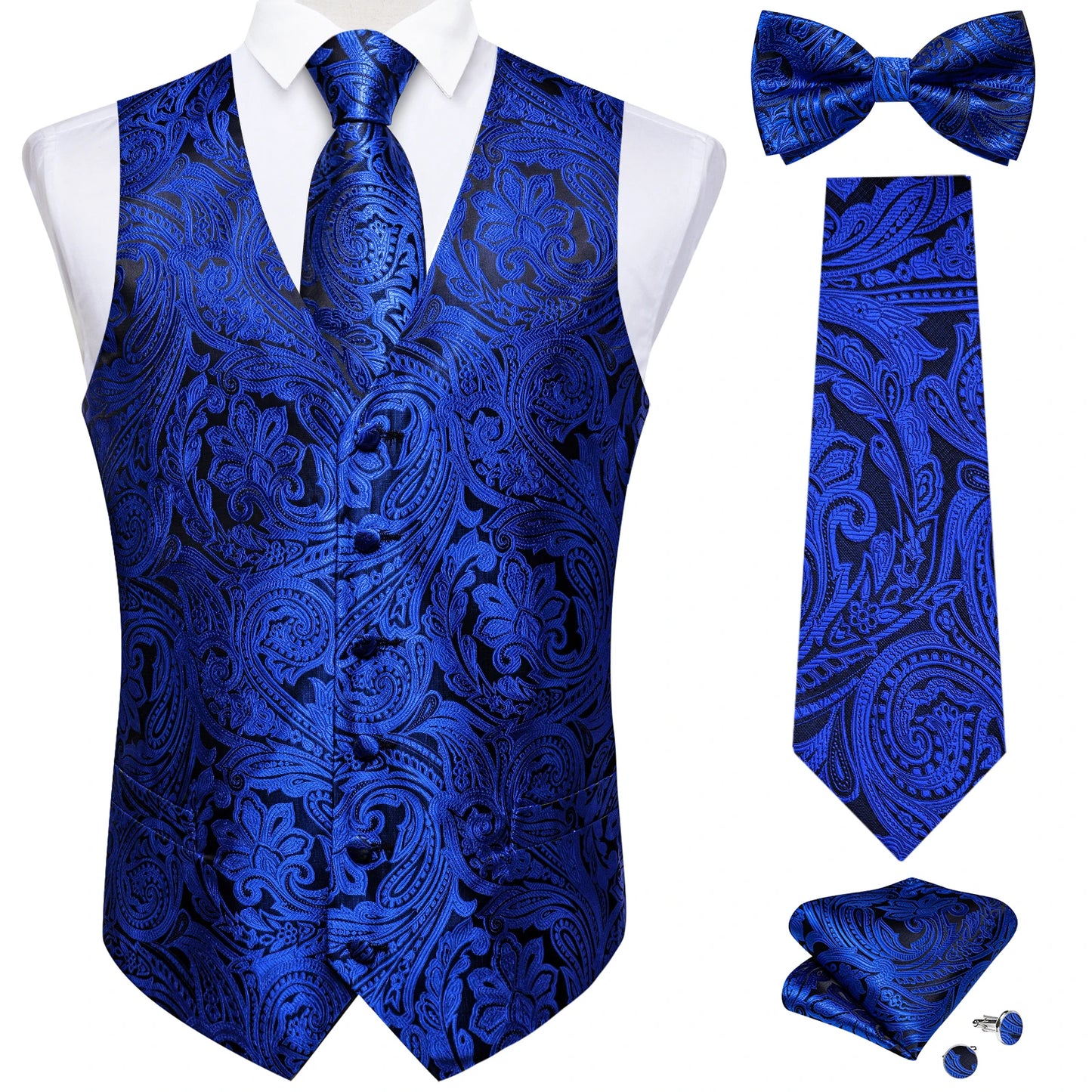 Men's Black Solid Paisley Suit Vest with Necktie Bow Tie Handkerchief Cufflinks Formal Waistcoat for Wedding Prom Tuxedo