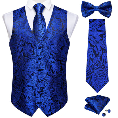 Men's Black Solid Paisley Suit Vest with Necktie Bow Tie Handkerchief Cufflinks Formal Waistcoat for Wedding Prom Tuxedo
