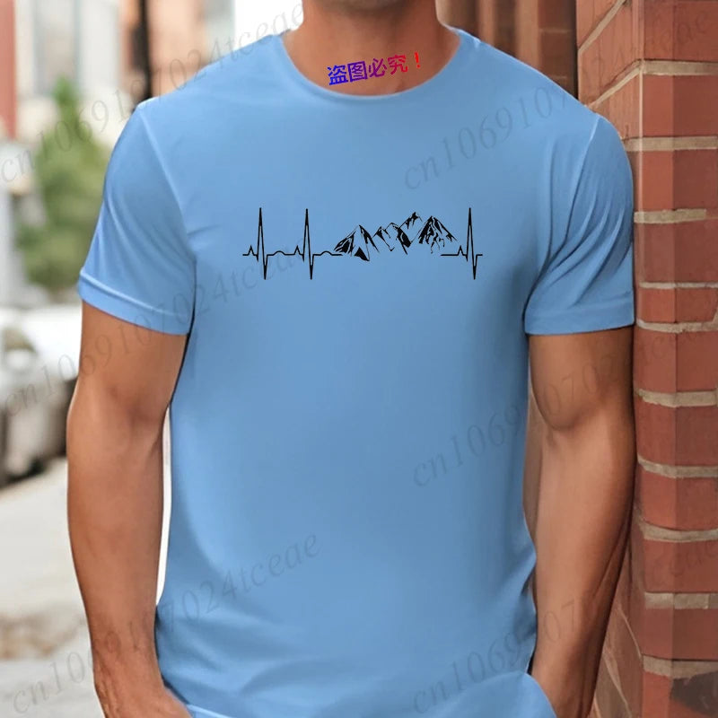 Mountain Heartbeat T-shirt for Men Climbing Hiking Graphic Y2k Tops Casual Streetwear Short Sleeve Tees Men's Oversized Clothing