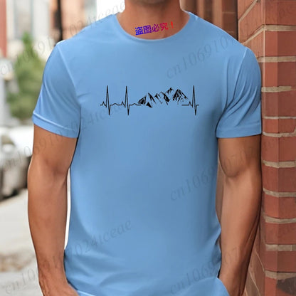 Mountain Heartbeat T-shirt for Men Climbing Hiking Graphic Y2k Tops Casual Streetwear Short Sleeve Tees Men's Oversized Clothing