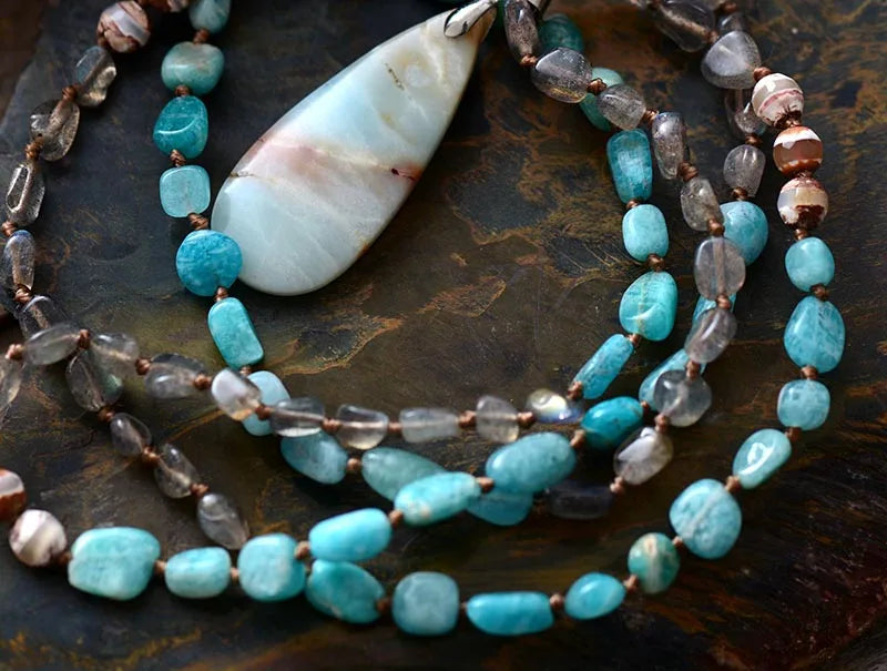 Women Necklace Random Shape Labradorite Onyx Amazonite Pendant Necklaces Lariat Beads Knotted Bohemia Neck Chain Dropship