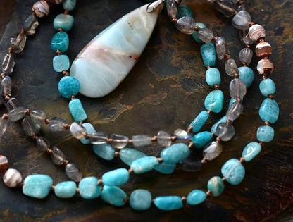 Women Necklace Random Shape Labradorite Onyx Amazonite Pendant Necklaces Lariat Beads Knotted Bohemia Neck Chain Dropship