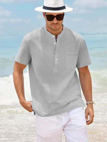 Men's Plus Size Cotton Linen Shirt with Pocket Casual Polo Shirt  Short Sleeve Shirts  Summer Lightweight Beach Tops