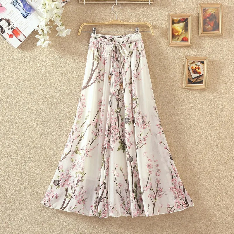 Elegant Chiffon Long Skirts For Women Autumn Casual Women's Floral Print Maxi Skirt Female High Waist Elastic A-Line Skirts