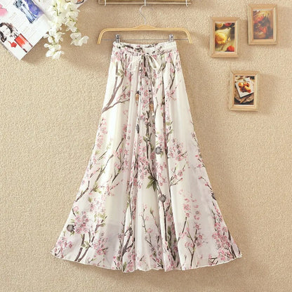 Elegant Chiffon Long Skirts For Women Autumn Casual Women's Floral Print Maxi Skirt Female High Waist Elastic A-Line Skirts