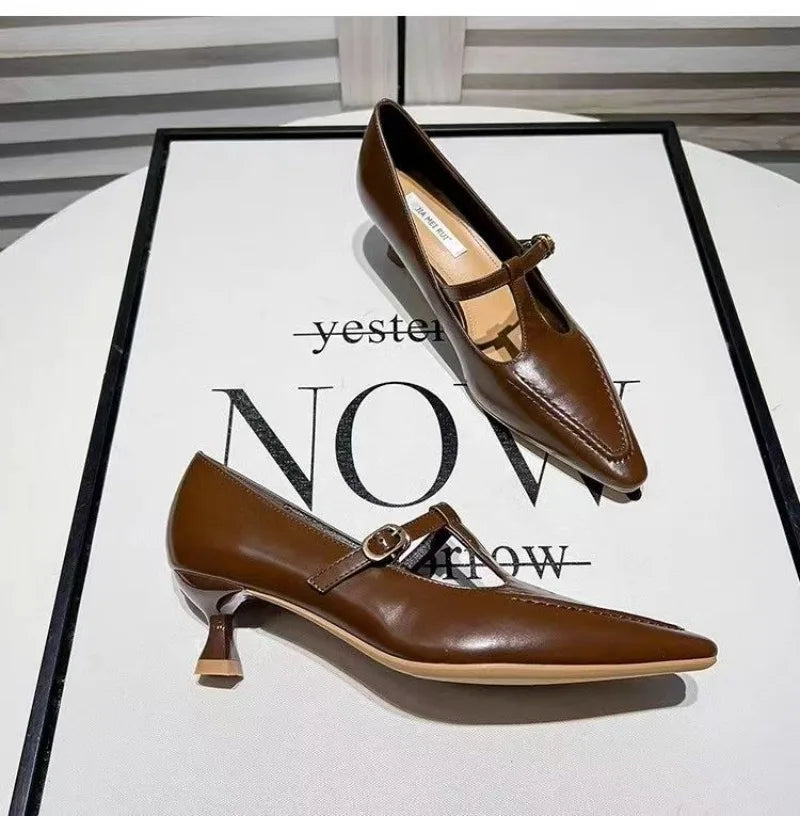 2026 Woman Fashion Pointed Toe Buckle Shoes Apricot Retro Kawaii Solid Female Shoes Flats Casual Shallow Mouth Mary Jane Shoes