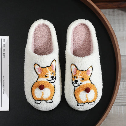 Plush Dog Slippers Fuzzy Indoor Slippers Anti Slip Closed Toe Slippers Comfortable Funny Corgi Dog Slippers for Indoor Bedroom