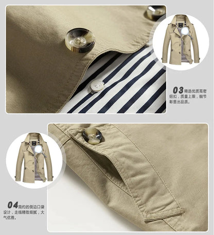 Men's Spring and Autumn New Fashion Casual Cotton Trench Coat, Solid Color Lapel Single-breasted Mid-long Splicing Trench Coat