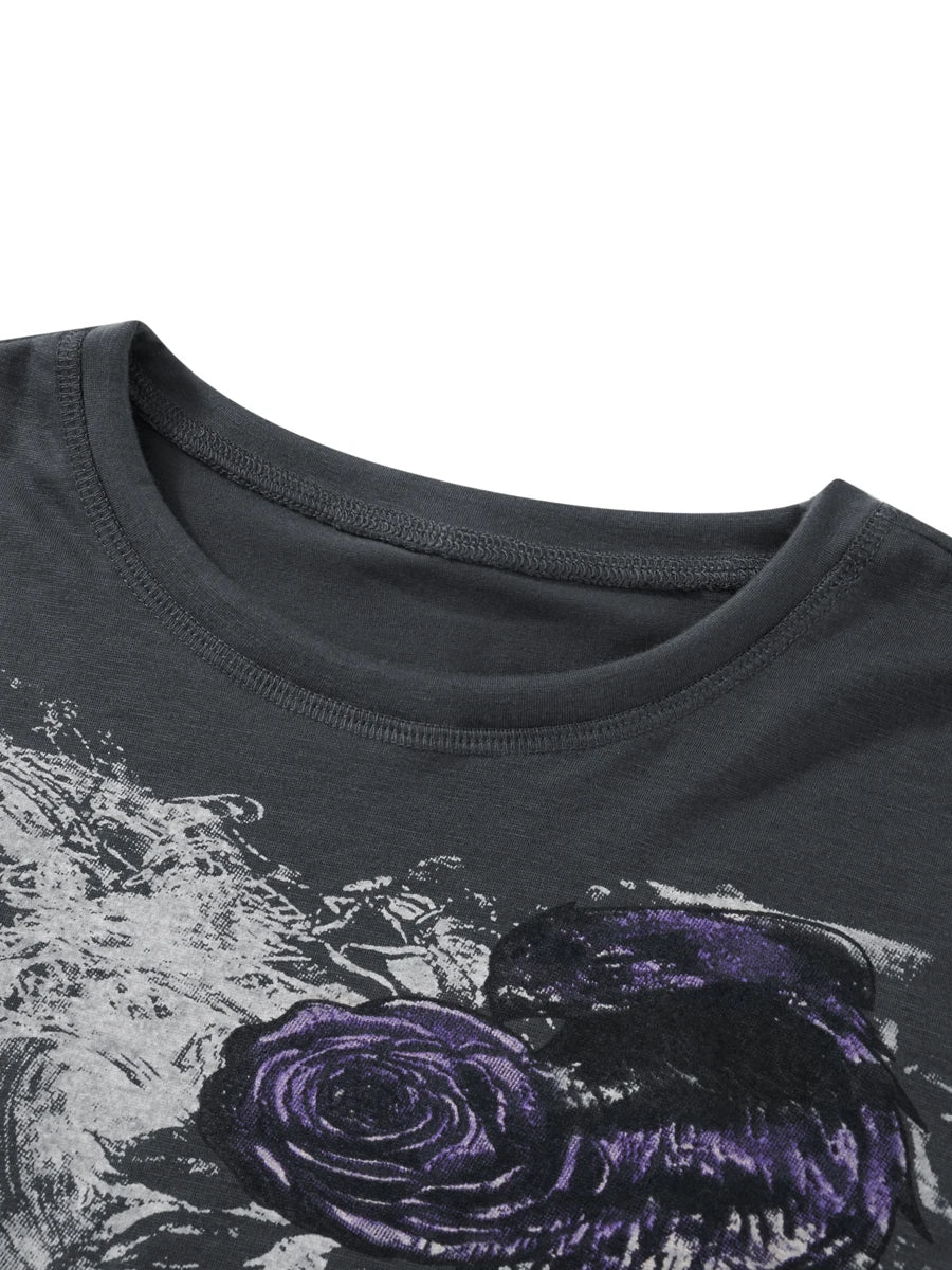 Women s Loose Gothic Tops Retro Graphic Print Short Sleeve Round-Neck Grunge Shirts for Summer Spring