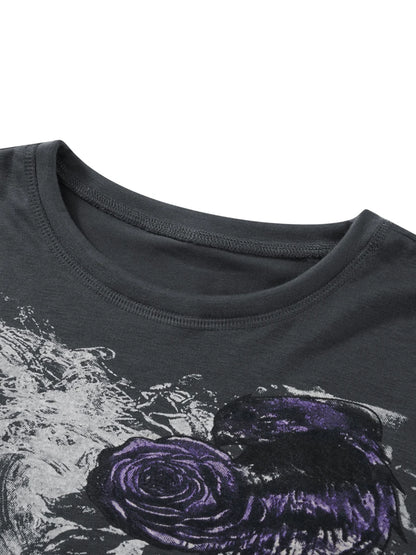 Women s Loose Gothic Tops Retro Graphic Print Short Sleeve Round-Neck Grunge Shirts for Summer Spring