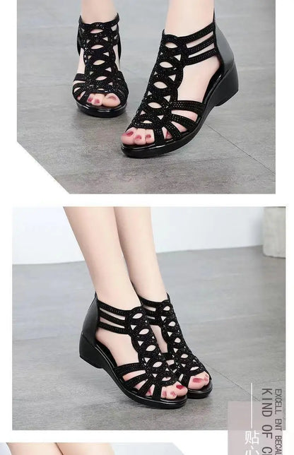 Real Soft Leather Roman Sandals Women's Chunky Heel Mom Shoes Fashion Outerwear Women's Sandals Wedge Women's Shoes 2023