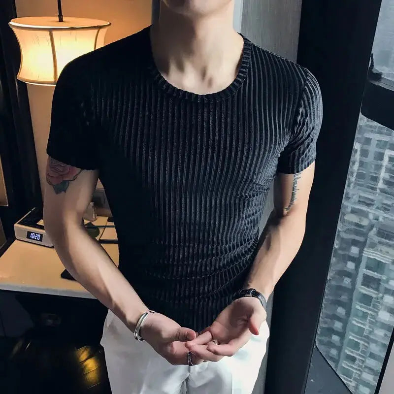Fashion Men's Autumn Winter Luxury Clothing Heat Keep Warm Casual T-Shirt Mock Neck Tops Stripe Long Sleeve Gold Velvet T-Shirts