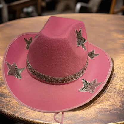 Women Glitter Cowboy Hat with Sequin Stars and Wide Brim Stylish Western Beach Hat for Wedding Carnival Rave Party and
