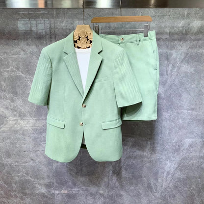 Korean Style Men Short Sleeved Suits Jackets And Shorts Male Simple Solid Houndstooth Fabric Comfortable Slim Fit Two-piece Sets