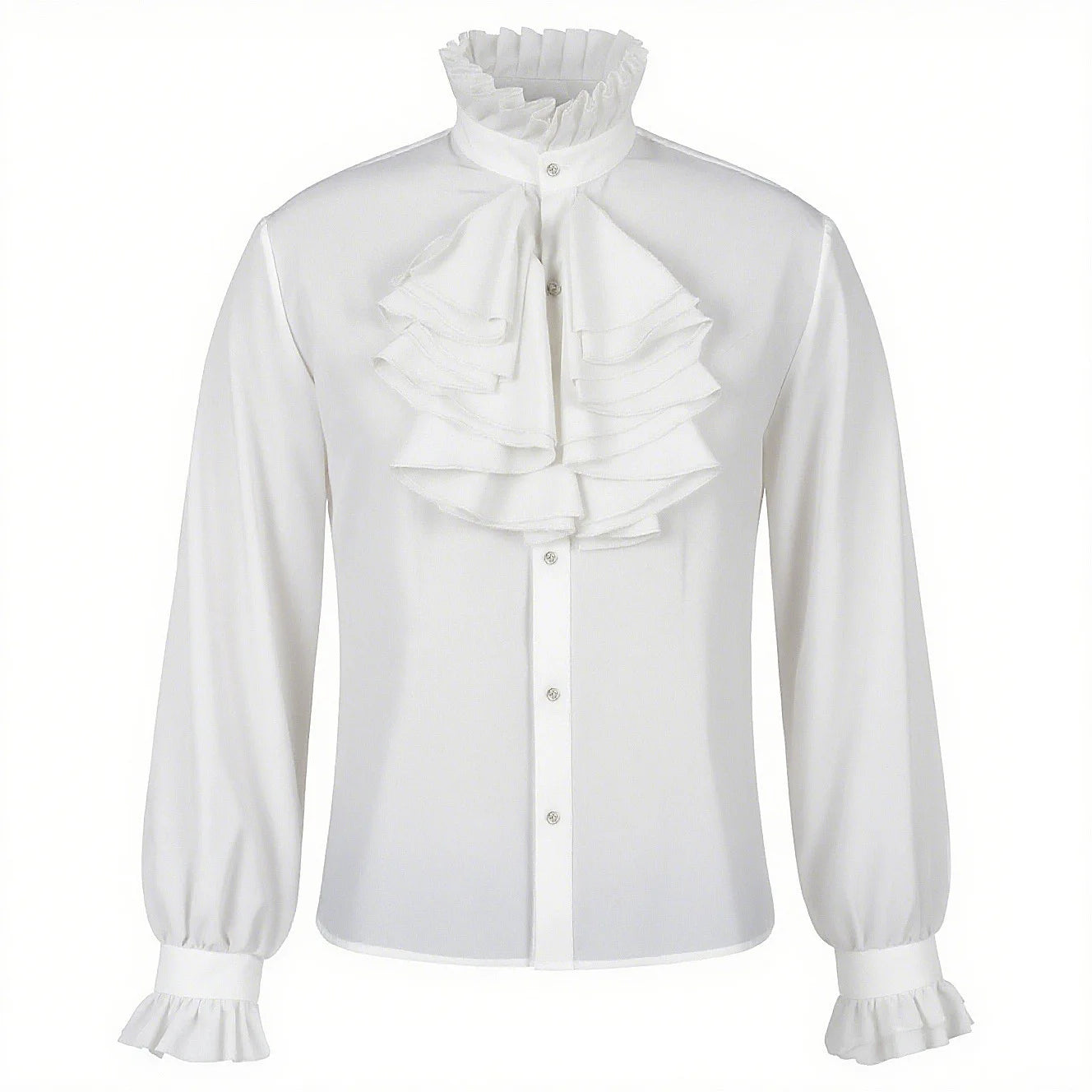 2026 Black&White Vintage Court-Style Stand Collar Ruffled Shirts for Men,Gothic Pleated Cuffs Glamorous Pirate-Style Men's Shirt