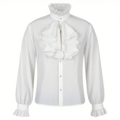 2026 Black&White Vintage Court-Style Stand Collar Ruffled Shirts for Men,Gothic Pleated Cuffs Glamorous Pirate-Style Men's Shirt