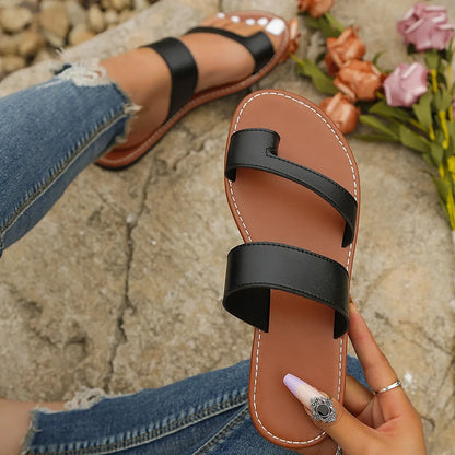 Summer Solid Color Flat Sandals Popular Open Toe Outdoor Slippers Casual Beach Women's Shoes Plus Size Slides