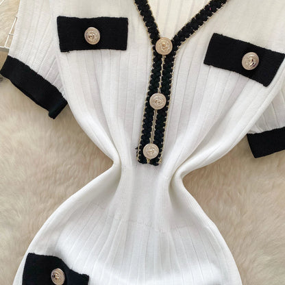 SINGREINY French Vintage Elegant Dress Women V Neck Buttons Elastic Waist Slim Fit Sundress Patchwork Mermaid Bodycon Dress